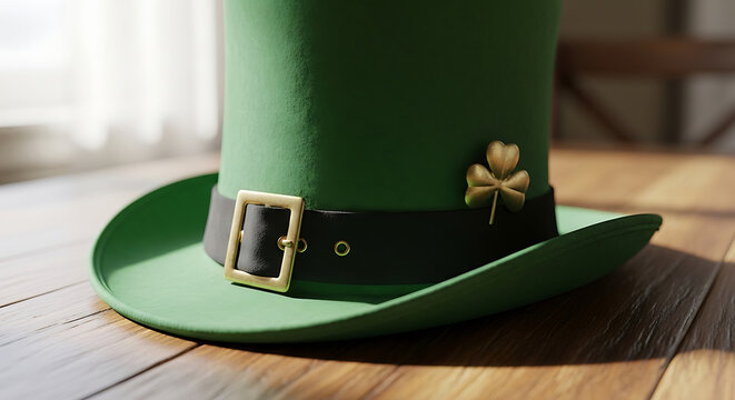 Green top hat with black buckle and gold accents on wooden table