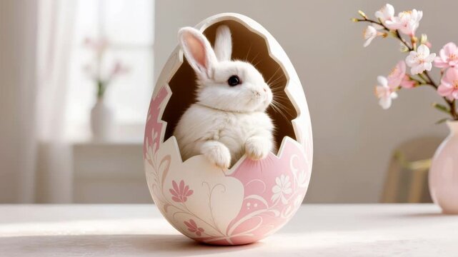 Adorable white rabbit sitting inside broken decorative Easter egg with pink floral pattern on table with soft interior background and blossom branch. Spring holiday concept.