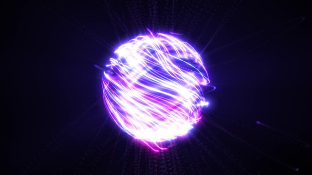 Glowing neon energy sphere with swirling purple and blue light trails. Futuristic abstract plasma globe with dynamic motion and radiant power. Seamless looping 4k video.