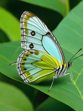 Freshly emerged common nawab butterfly resting on leaf. Closeup video captures a common nawab butterfly shortly after emergence, resting on a green leaf while fully opening its wings.