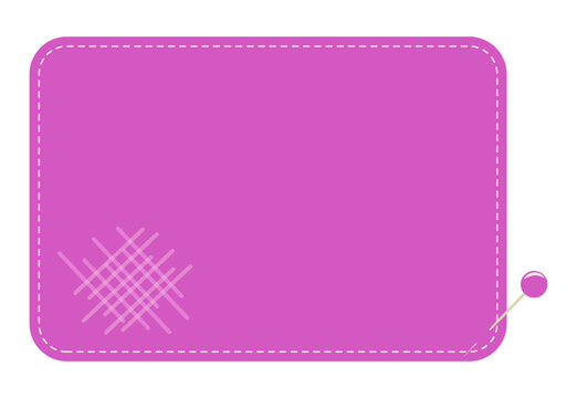 Blank pink fabric patch or textile label with white dashed stitch border and a sewing pin. Vector template copy space, message, or craft design isolated background. Textured piece of fabric is pierced