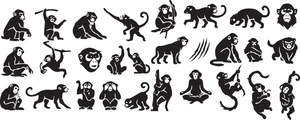 Obraz premium Primate Monkey Silhouettes and Ape Vector Icon Collection.