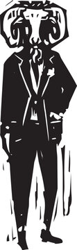 Woodcut style image of a business man with a goats head
