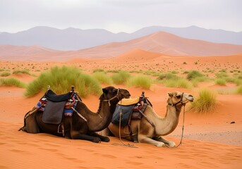 Fototapeta premium Two camels sitting in the desert with mountains in the background