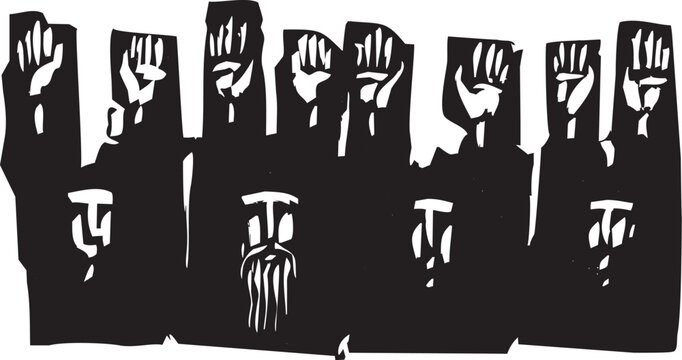 Woodcut image of people surrendering with hands raised