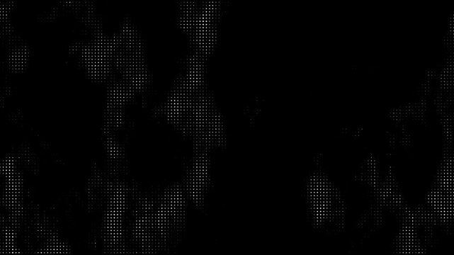 Dark abstract halftone dots forming moving shapes on black background. Minimal digital texture with dynamic monochrome pattern and subtle motion. seamless loop