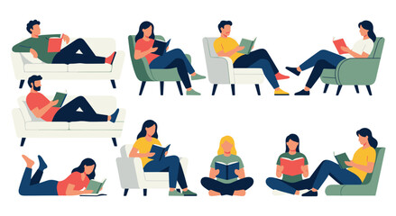 People reading books in different sitting and lying positions flat vector