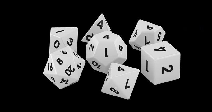 Set of roleplaying dice, white polyhedral dice rotation animation seamlessly loopable. 3D rendering isolated on transparent background