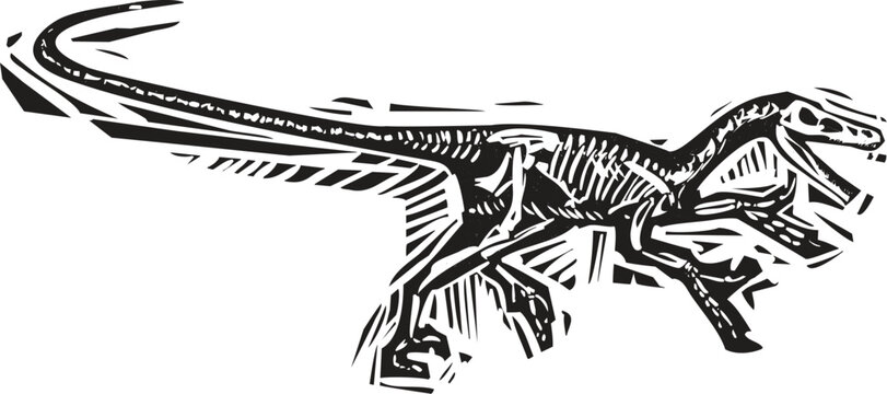 Woodcut style image of a Running Velociraptor Fossil
