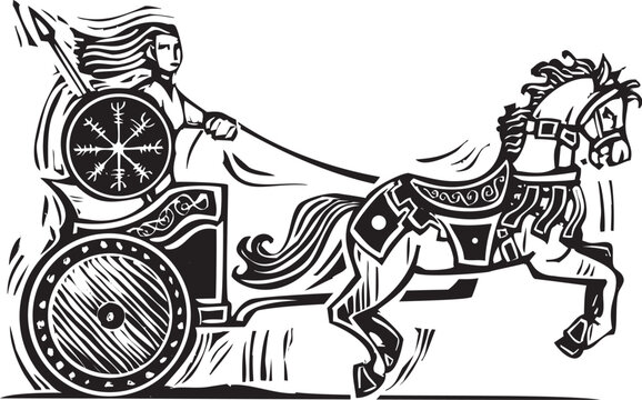Woodcut style image of a the celtic Brigid in a chariot 