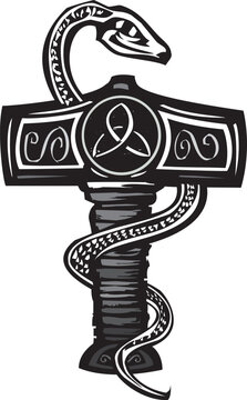Woodcut style image of Thor's hammer Mjolnir and Serpent