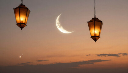 Obraz premium Glowing lanterns and crescent moon at dusk