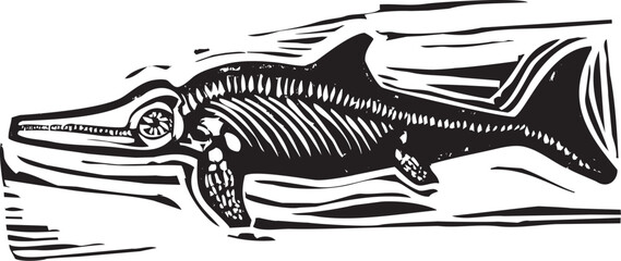 Woodcut style Ichthyosaur Dinosaur Fossil © xunantunich