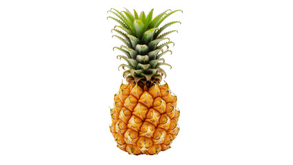 Isolated fresh whole ripe tropical pineapple fruit with green crown standing upright © Ari