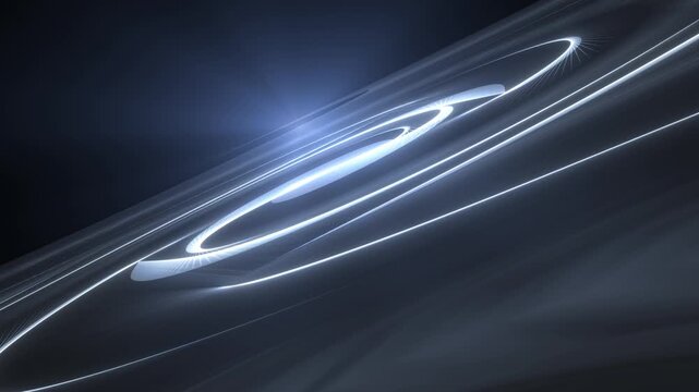 Glowing white light rings forming a futuristic spiral orbit. Abstract cosmic motion with smooth luminous lines creating elegant energy background.