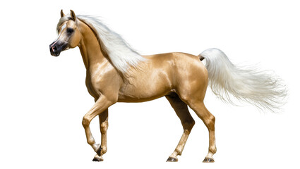Isolated palomino horse with elegant gait, golden coat, and magnificent flowing white mane and tail. © Ari
