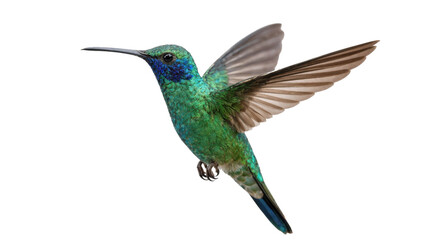 Obraz premium Isolated iridescent green and blue hummingbird with spread wings, captured in graceful flight
