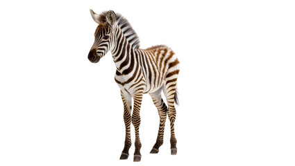 Isolated young zebra foal, a cute striped baby animal standing elegantly, full length. © Ari