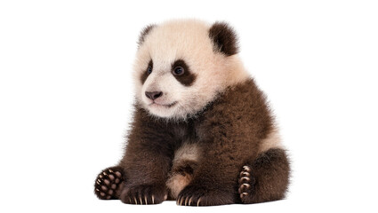 Obraz premium Isolated adorable fluffy baby giant panda cub sitting gently, looking curious