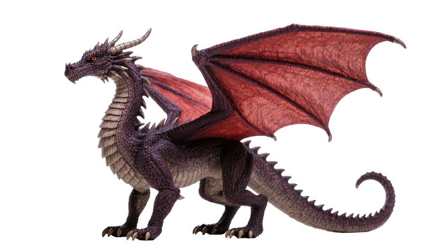 Isolated powerful fantasy dragon with purple scales and majestic red wings, mythical beast