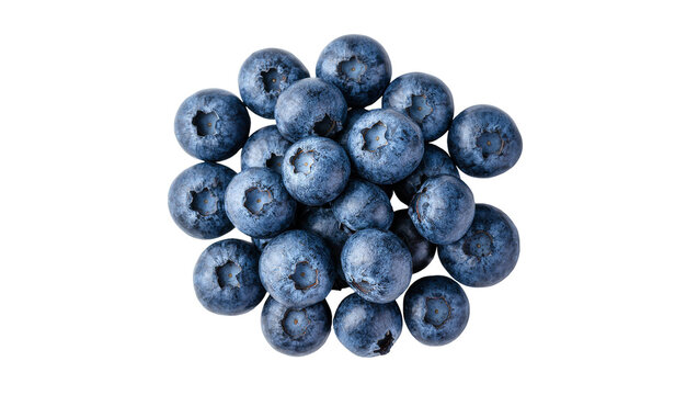 Isolated fresh ripe organic blueberries arranged in a scattered pile, healthy summer fruit food