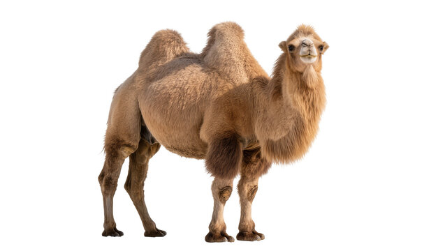Isolated Bactrian camel standing full body, majestic desert animal, wildlife photography studio shot.