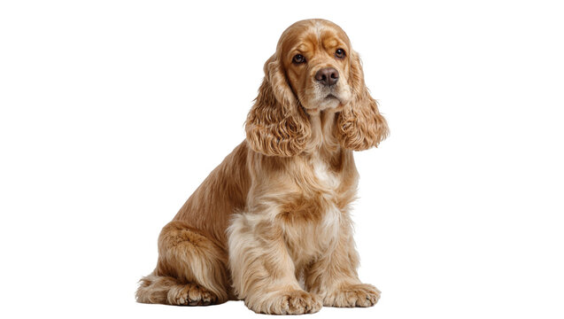 Isolated beautiful golden Cocker Spaniel dog sitting and looking intently at camera