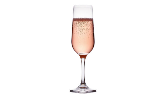 Isolated elegant champagne flute filled with sparkling pink ros&eacute; wine, perfect for celebrations