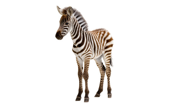 Isolated young zebra foal, a cute striped baby animal standing elegantly, full length.