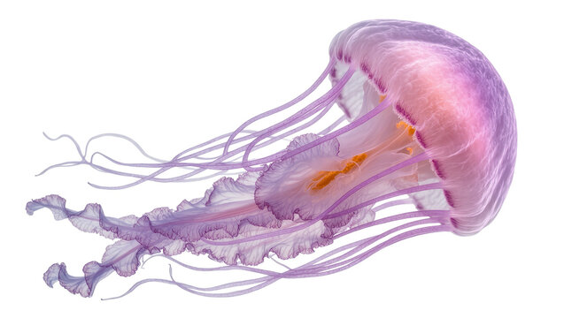 Isolated beautiful purple and pink jellyfish gracefully swimming with long flowing tentacles.