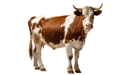 Isolated adult brown and white dairy cow standing on a clear background, farm animal livestock