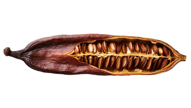 Isolated natural organic dried dark brown open seed pod full of healthy edible seeds