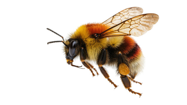 Isolated fluffy bumblebee captured in flight, showcasing its delicate wings and pollen sac
