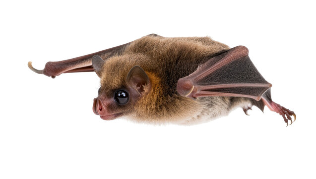 Isolated furry brown bat with large black eyes captured in a dynamic flying pose