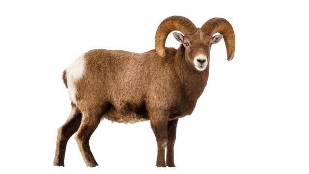 Isolated majestic bighorn sheep ram with large curved horns, standing proudly in full body