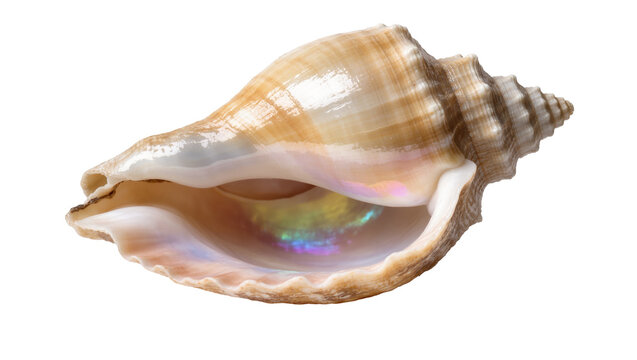 Isolated natural conch shell showcasing a beautiful iridescent colorful opening and spiral form