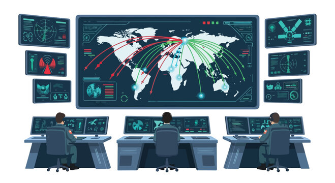 Illustration of a defense team monitoring a missile defense system on multiple screens displaying a world map and data in a control room with a flat 2D concept.