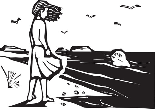 Woodcut style image of girl looking at a seal in the water