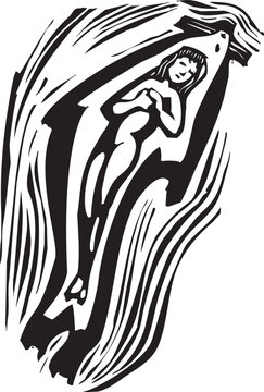 Woodcut style image of a mythical selkie seal woman