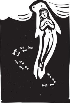 Woodcut style image of a mythical selkie seal woman