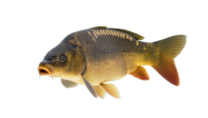 Isolated common carp fish, a large freshwater aquatic animal swimming in profile