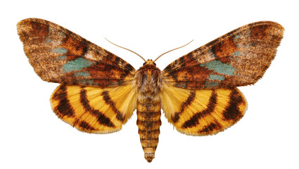 Isolated moth with striking orange, brown, and teal patterns on wings, view from above © Ari