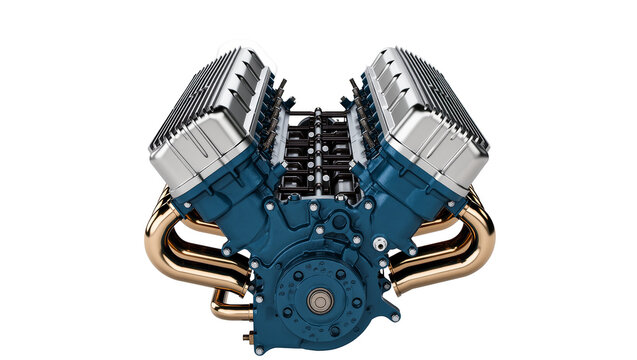 Isolated powerful V8 engine block with shiny metal exhaust manifolds and cylinder heads