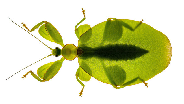 Isolated unique vibrant green leaf insect with incredible natural camouflage, top view.