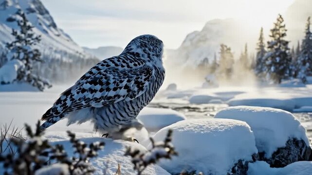 Snowy Owl Perched on Snow-Covered Rock in a Winter Landscape With Mountains and Trees