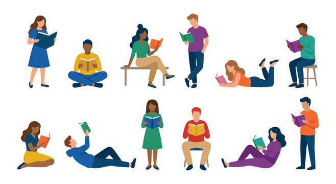 People enjoying leisure time, reading various books in different comfortable positions