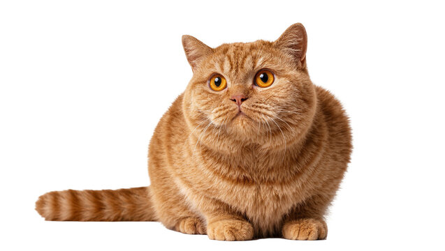 Isolated cute fluffy orange British Shorthair cat sitting, looking forward with big golden eyes