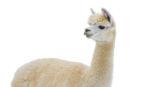 Isolated portrait of a fluffy cream colored alpaca with thick wool coat and gentle expression