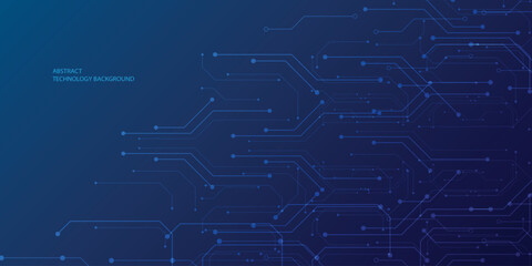 Obraz premium Blue circuit board design with electronic chip components and data lines creating futuristic tech pattern on dark digital background. Digital technology
