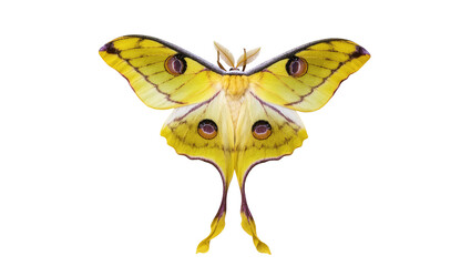 Isolated beautiful yellow Luna moth with distinctive long tails, prominent eyespots © Ari